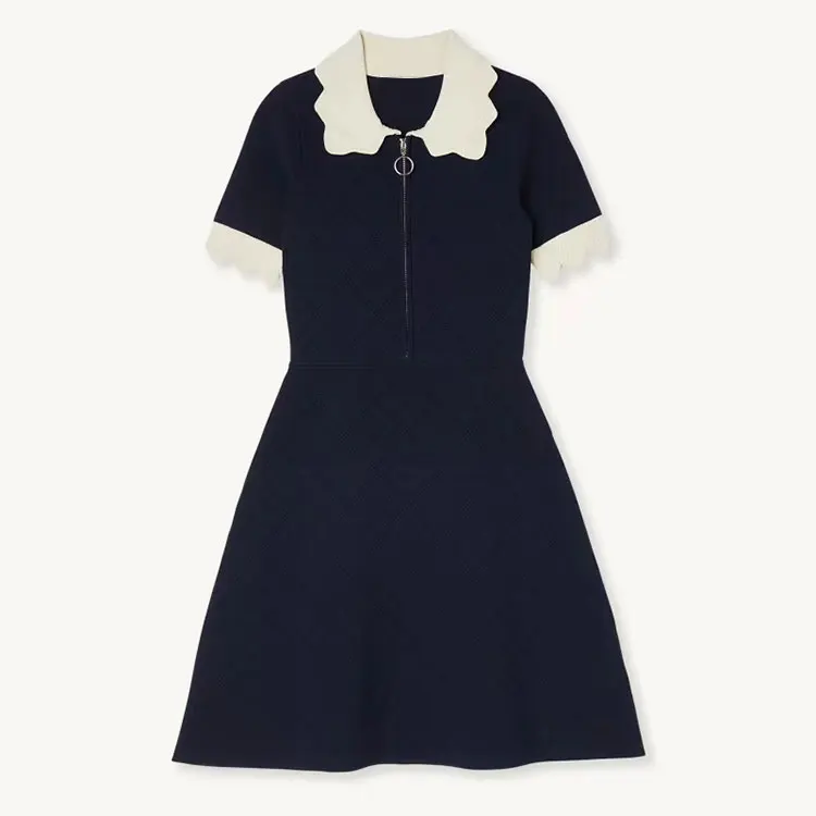 Knitwear manufacturers custom spring summer black lace collar short sleeves women knit sweater dress