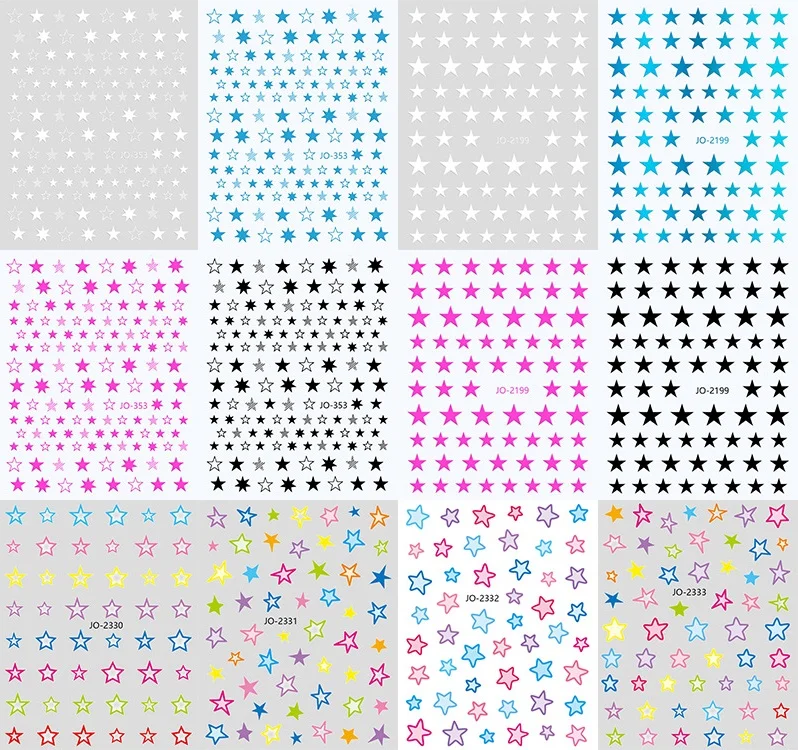 Colorful star nail stickers 3d decals hollow heart self adhesive sticker red blue five-pointed star nail stickers 2023