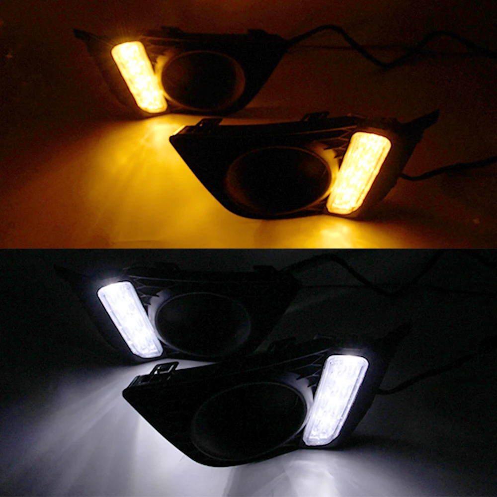 Car LED Daytime Running Lights for Honda Jazz fit 2014 2015 2016 LED DRL fog lamp with yellow turn signal Foglight