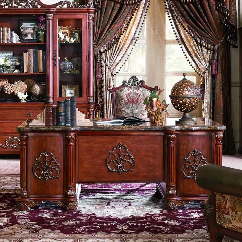 Popular carved office desk retro classical carved wood gold carving desk with wooden bookcase bookshelf