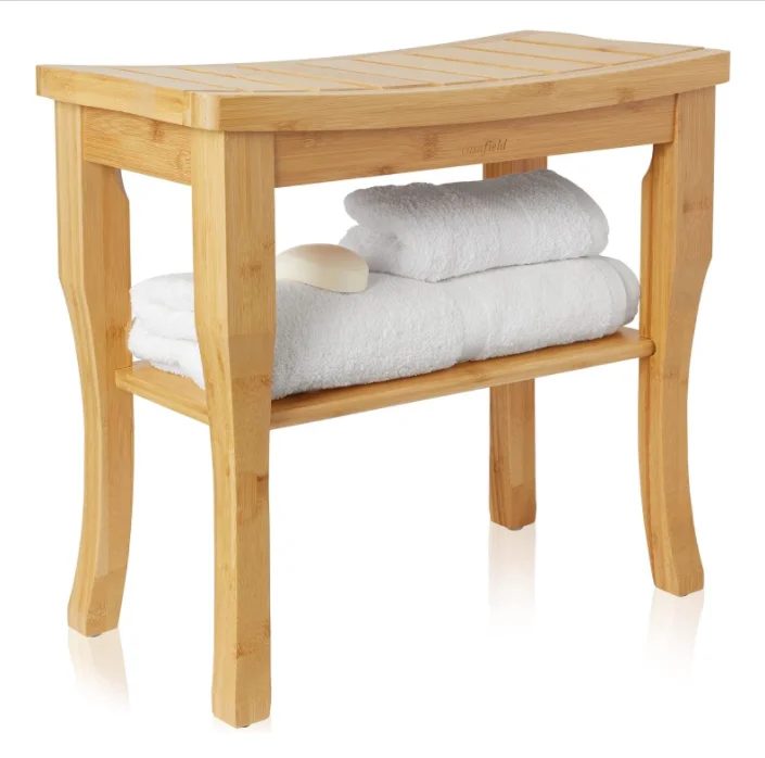 bamboo shower bench with storage shelf wooden 2-tier bathroom bamboo stool