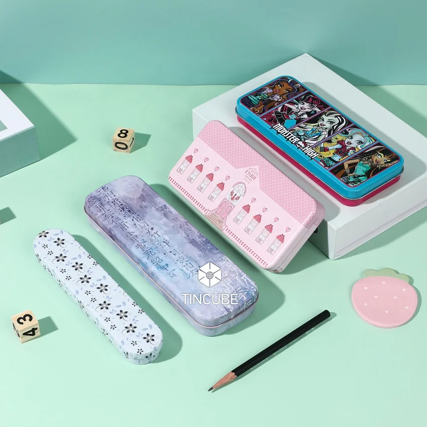 Manufacturers custom student tinplate stationery box metal pencil box  pen case stationery gift hinge tin box