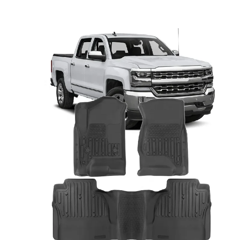 HW 4x4 Offroad TPE Material Front Rear Car Mats Floor Liners All Weather for Silverado/Sierra 2014-2019 Crew Cab