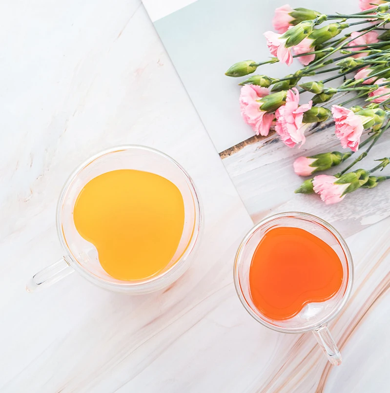 8OZ Hand Craft Clear Unique Heart Shaped Water Juice Cup Double Walled Insulated Glass Coffee Mug Tea Cup Double Wall Glass