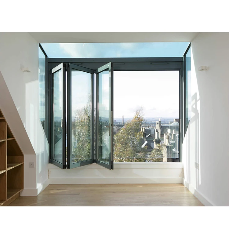 Construction Fitting Aluminum Tempered Glass  security folding window grill folding balcony window