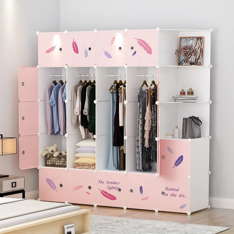 Multi-Use Flowered Plastic Easy Installation 2022 Cabinet Storage Clothes Bags,White and Pink Plastic Portable Bedroom Wardrobe