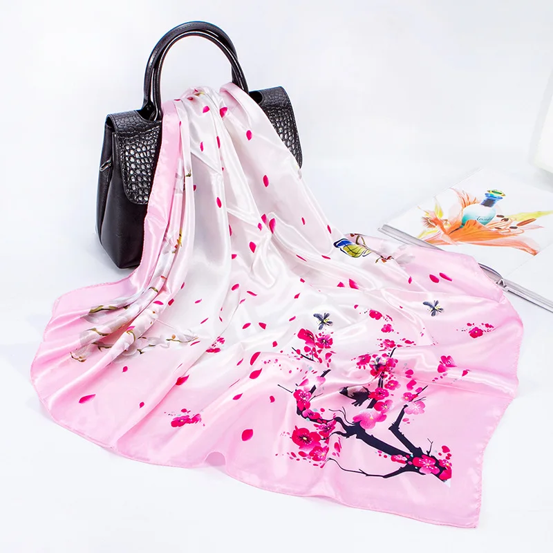 Женский шелковый шарф с длинными рукавами и цветочным принтом для квадратный волос Головной Платок роскошного фирменного дизайна; Цвет 90*90 см шали женский шарф с атласным хиджаб шарф