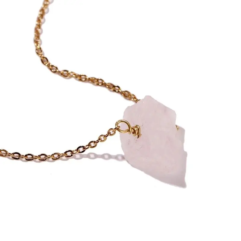 Beautiful Natural Raw Birthstone Steel Chain Mini Stone Pendant Gemstone Healing Crystal Citrine Rose Quartz Necklace for Women