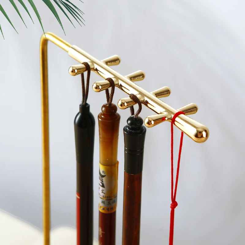 Brass Chinese Calligraphy Brush Pen Holder with 8 Needles & Ink Stone Base Desk Organizer Ink Hanger
