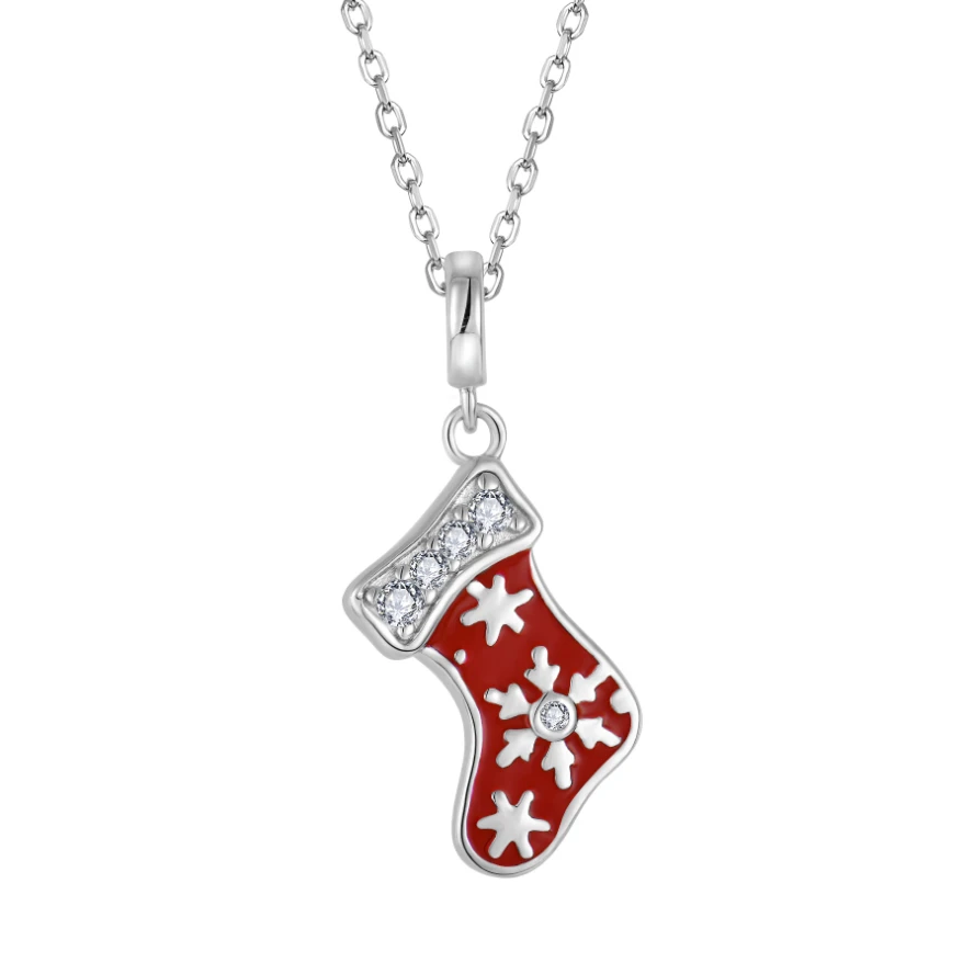 YILUN 925 Sterling Silver Christmas Stocking Pendant Necklace Red Enamel & Cubic Zirconia kids Pendant for Holiday Jewelry Gift