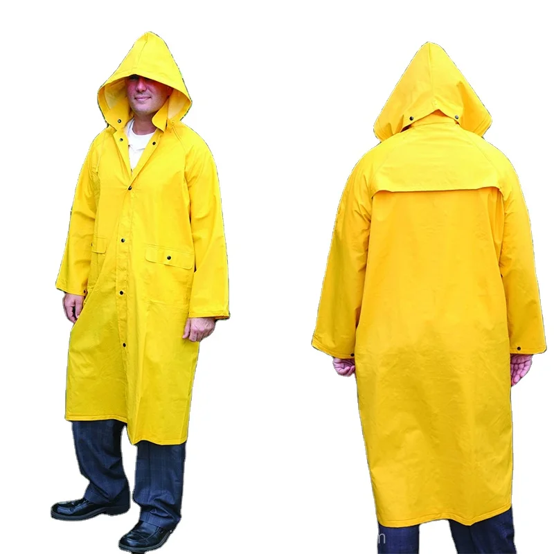 Fashion 100% Water Proof Rain Jacket Long PVC Polyester Hooded Raincoat for Work and Tour Rain Gear