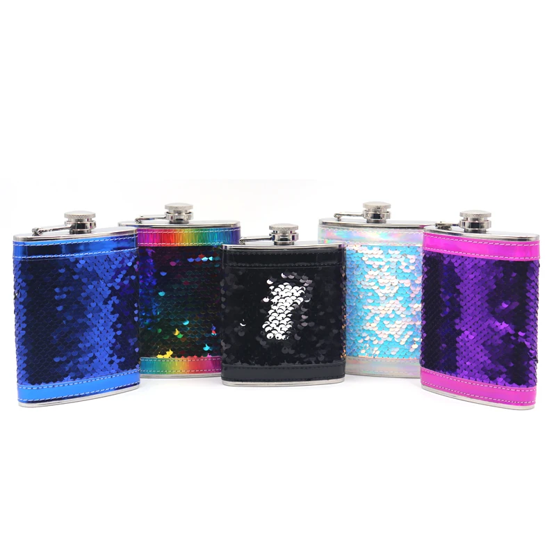 Custom design wholesale mini wine bottle sequin flask hip flask whisky drinking