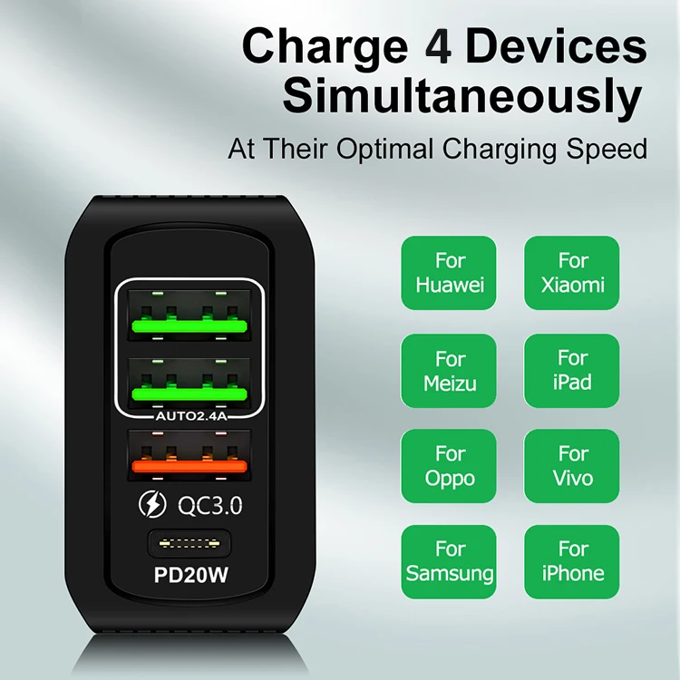 Most Popular Products 36W 4-Port QC3.0 3USB + PD Wall Fast Chargers Power Adapters for iPhone Samsung LG HTC