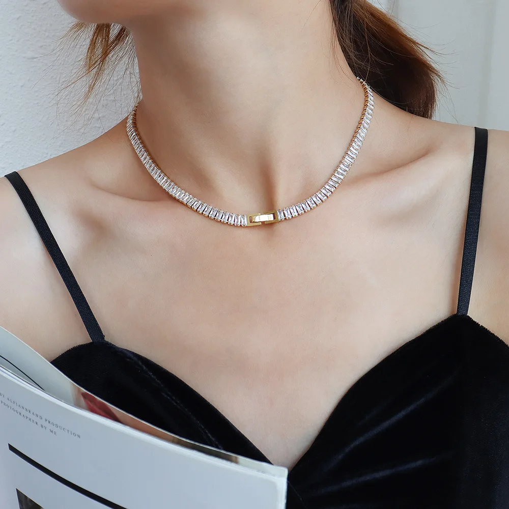 18k Gold Plated Stainless Steel Zircon Chain Link Necklace Lead Nickel Free Jewelry Wholesale