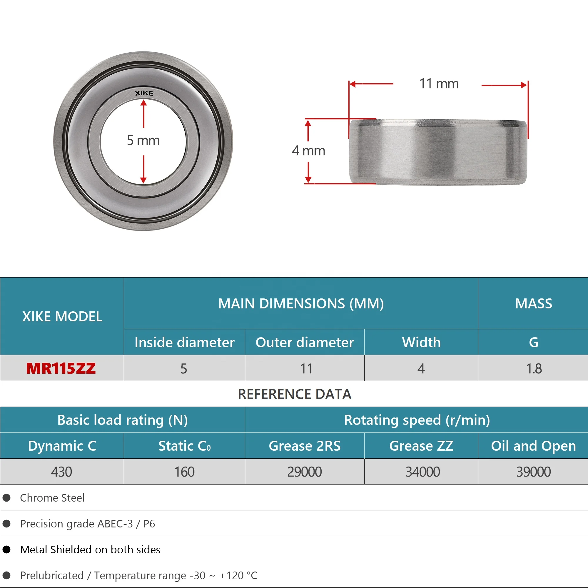 Double Metal Seal MR115ZZ Size 5x11x4mm Deep Groove Ball Bearing