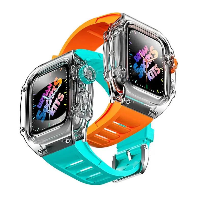 Custom Luxury Fluororubber Straps Transparent Clear Bumper Compatible Case Mod Kit for Apple Watch cases series 4 5 6 7 8