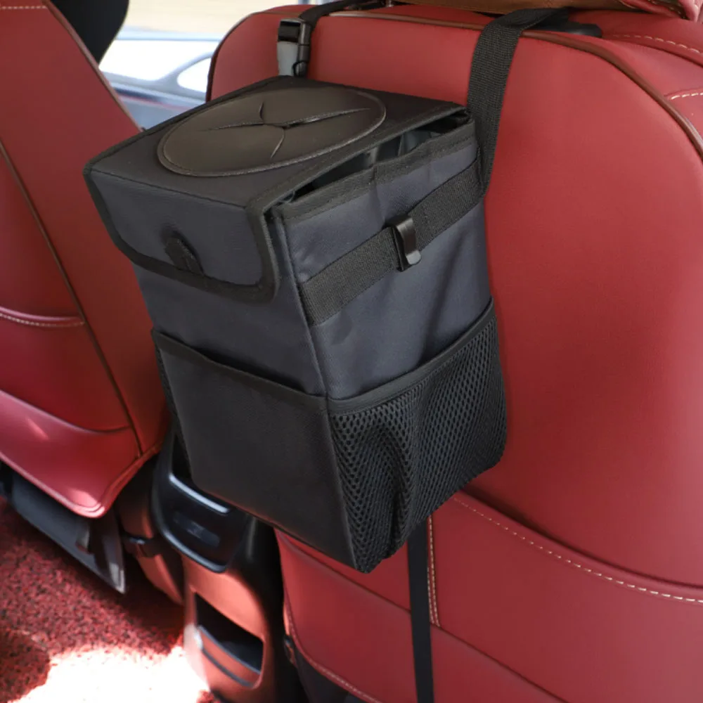 Car Trash Can with Lid Car Trash Bag Hanging with Storage Pockets Collapsible and Portable Car Garbage Bin