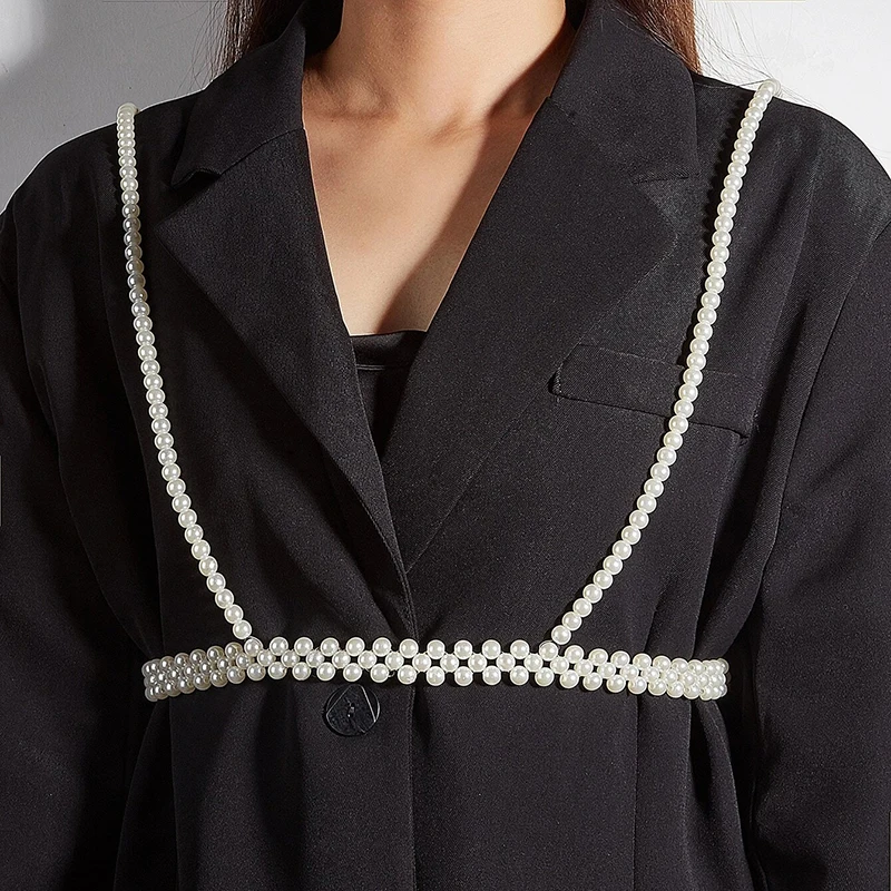 Sexy Womens Sleeveless Faux Pearl Club Party Harness Belt Halter Pearl Tops Summer Mesh Pearl Body Chain Harness