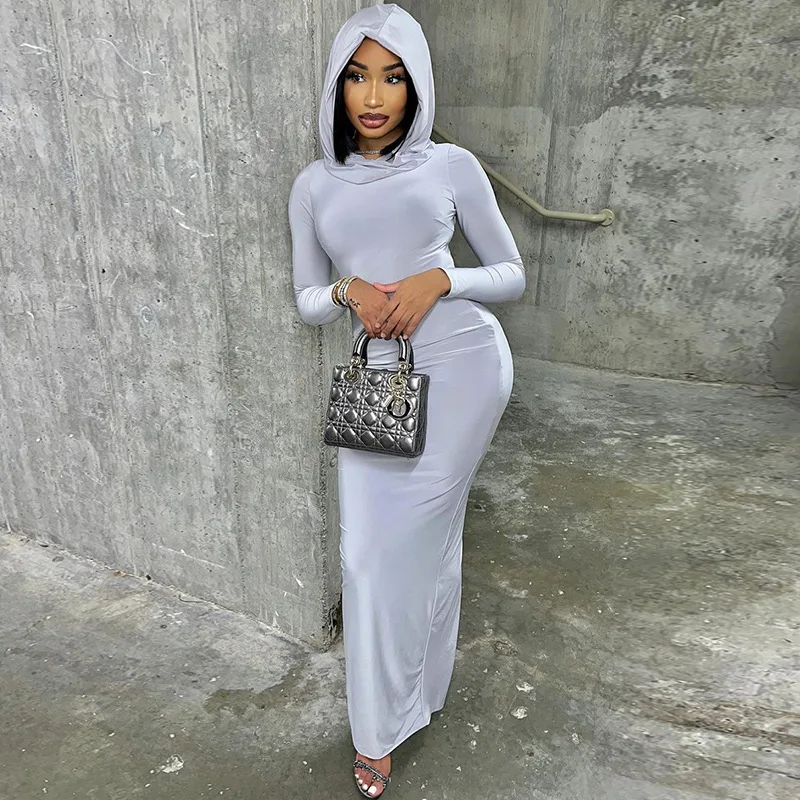 Wholesale Solid Color Slim Fit Dresses Women Lady Elegant Celebrity Style Long Step Wrap Hip Skirt Casual Hooded Dress
