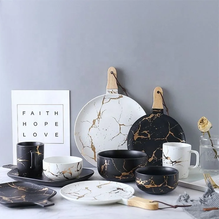 Mfashion Creative golden Marbling Matte Porcelain Tableware Set Black Color Dinner Set