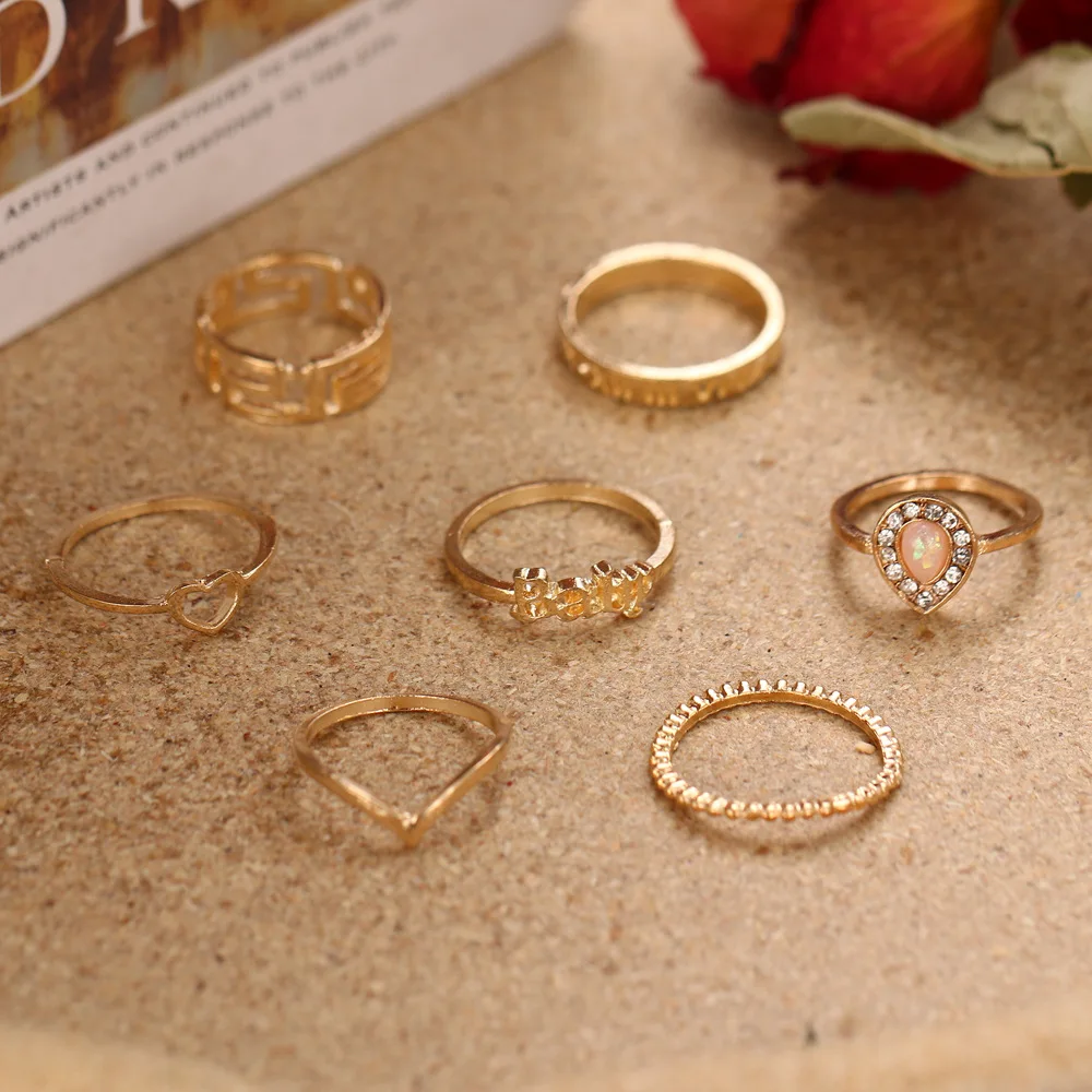 Aug jewelry European and American hot-selling new creative geometric baby love letter ring set 7-piece ring