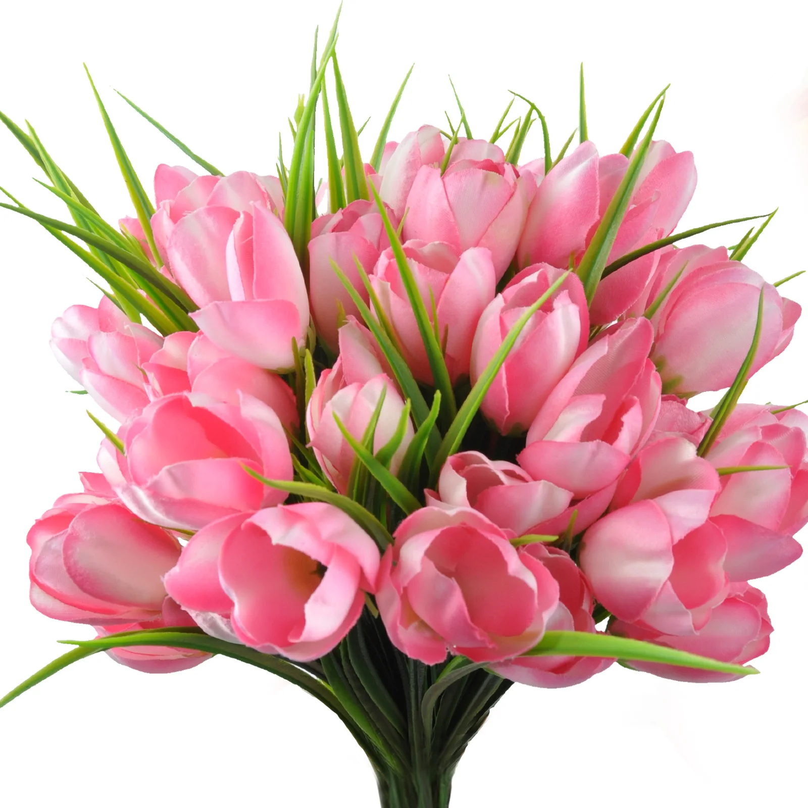 Simulated pink  tulips with green leaves for home decoration, vase decoration, wedding bouquet decoration Silk bouquet