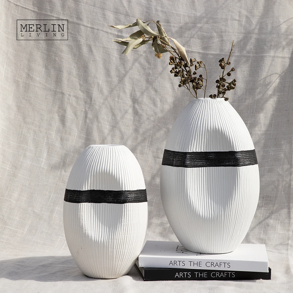 Merlin Living High quality handmade modern ceramic vase home decor hotel nordic texture design White table top Oval flower vases