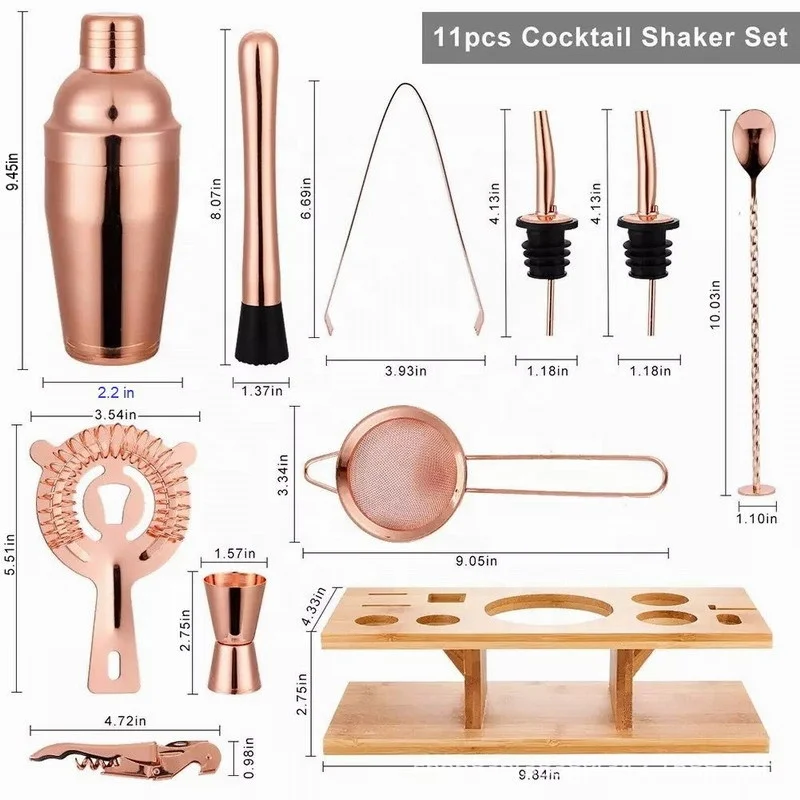Amazon hot sale rose golden bartender kit bamboo stand bar tool cocktail shaker set