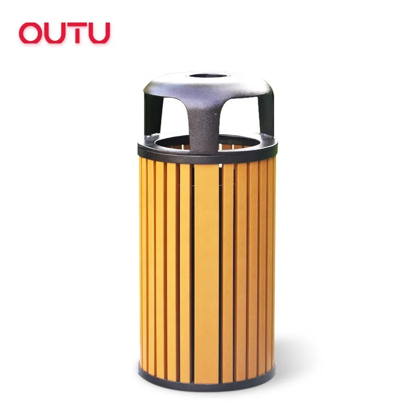 Factory Garbage Bin with Lid Metal Rubbish Can Aluminum Public Trash Can with PS wood Eco Waste Storage