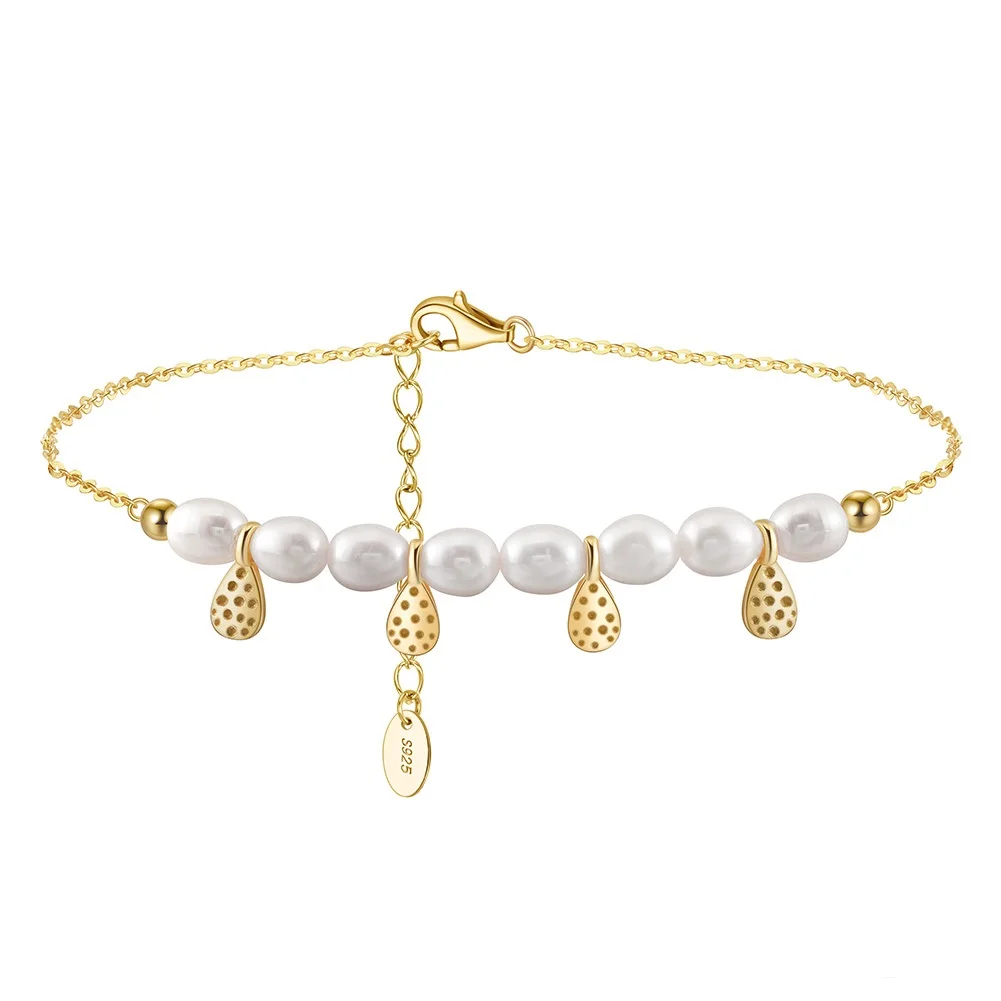 ACME Gold Plated Luxury New Natural Freshwater Pearl Anklets  Bracelet 925 Sterling Silver Charm Beach Foot Jewelry For Women