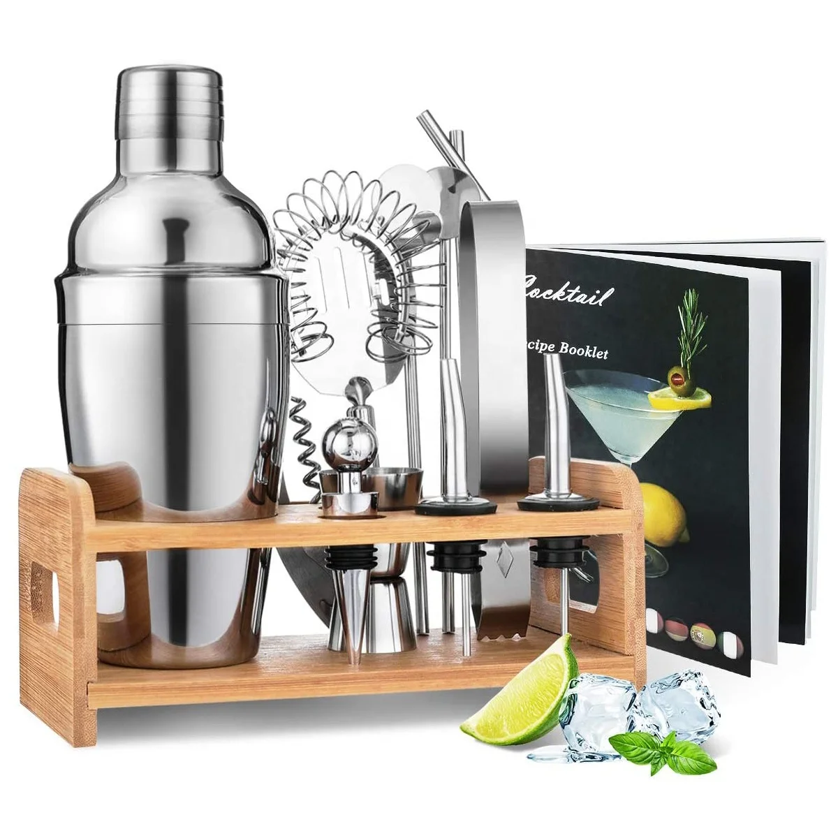 Amazon Top Seller Custom 15 Piece Luxury Stainless Steel Bartender Kit Cocktail Shaker Gift Set with Bamboo Stand Recipe Booklet