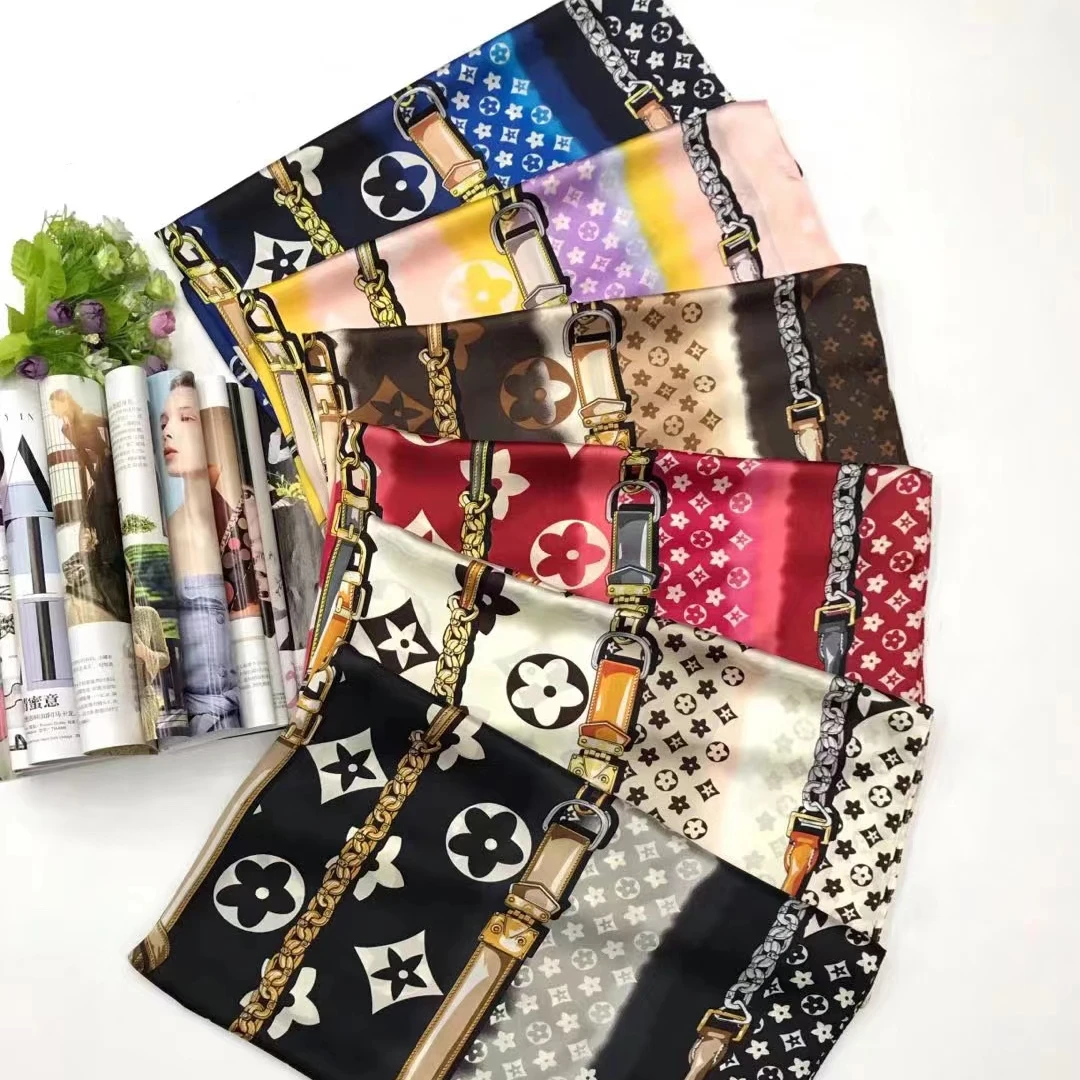 Wholesale Custom Design New Silk Satin Scarf Headscarf Ladies Simulation Silk Scarf Luxury Designer Brand Printing Silk Scarf