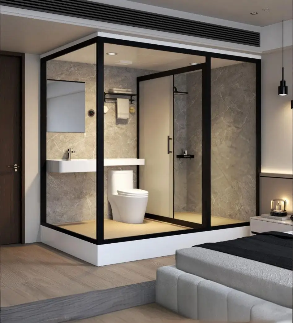 Modern Industrial Japanese Design Modular Bathroom Pod Sliding Style Acrylic Tray Shower Cabin with Aluminium Frame