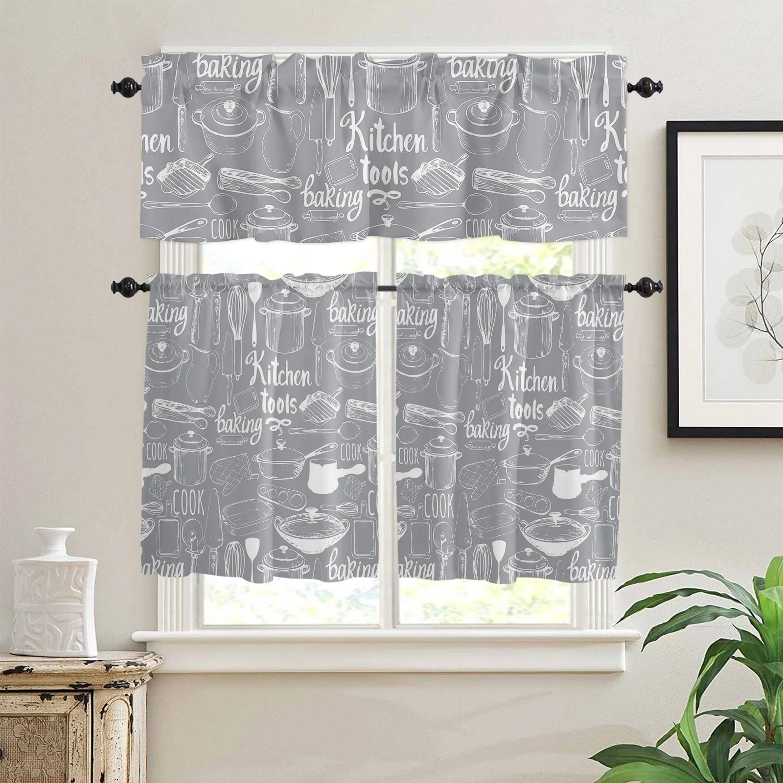 Gnomes Chef Kitchenware Printed Window Valance Treatments Cafe Tier Curtain Panels