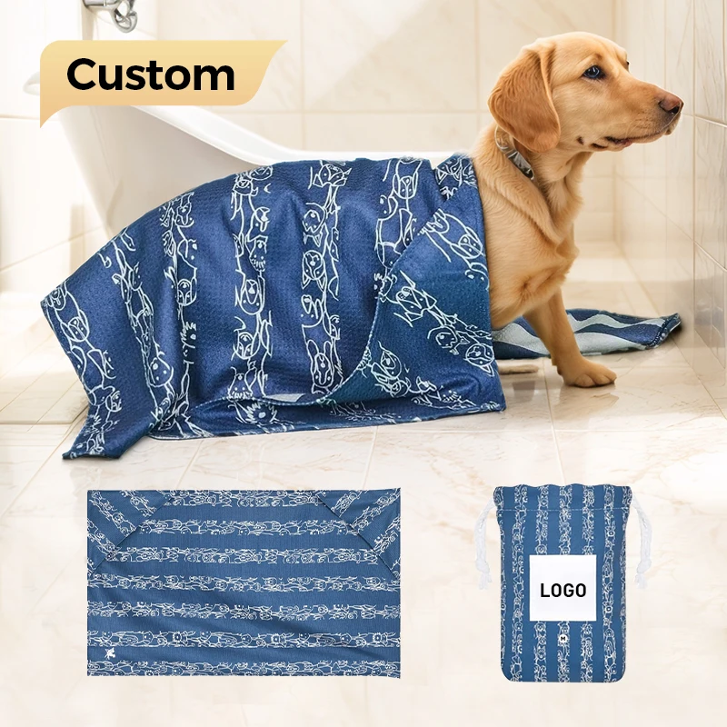 Wholesale Custom Logo Double Layers Ultra Soft Quick Drying Microfiber Waffle With Bag Adjustable Dog Pet Towel