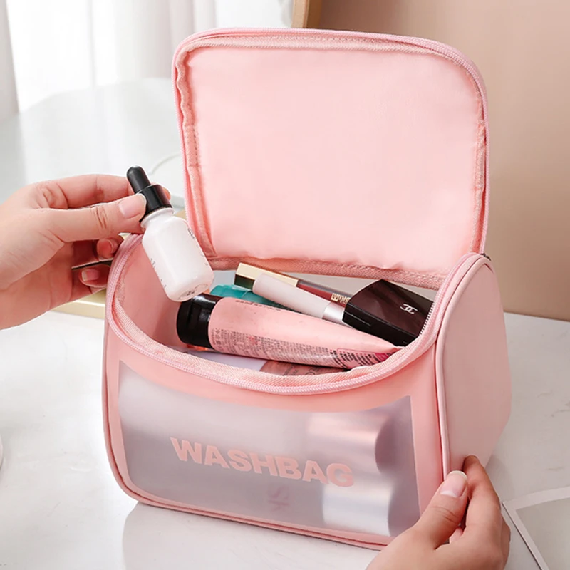 Logo Customize Waterproof PU Leather Women Travel Transparent Pink TPU Washing Cosmetic Bag Pouch Clear Zipper PVC Makeup Bags