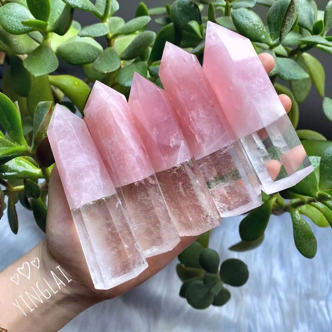 Wholesale natural crystals healings stones wand tower splicing rose quartz and clear quartz points