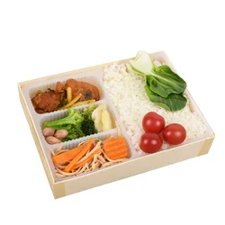 Biodegradable Wholesale Wooden Japanese Takeaway Food Packaging 4 Compartment Disposable Tiffin Bento Lunch Meal Box