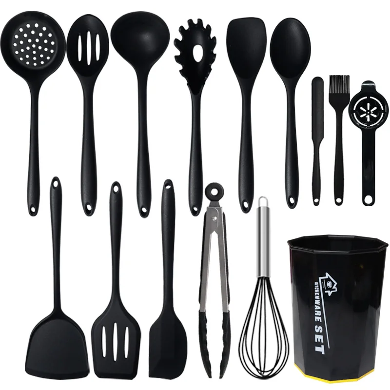 2024 Best Customizable Black Silicone Kitchen Utensils Set Accesorios Para Cocina with Barrel for Cooking and Serving Food