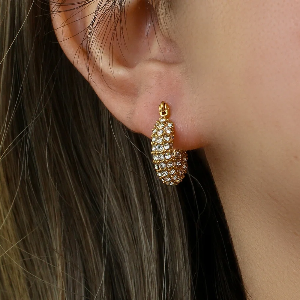 Luxury Shining Zircon Chunky Hoop Earring 18k Gold Plated Stainless Steel Hoop Earring Tarnish Free Jewelry