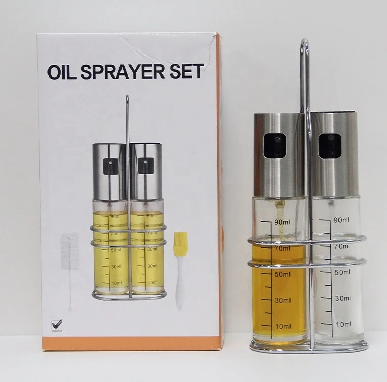 Olive Oil Mister Sprayer Glass Bottle for Cooking for Salad BBQ Kitchen Baking Roasting with Funnel and Brush Holder