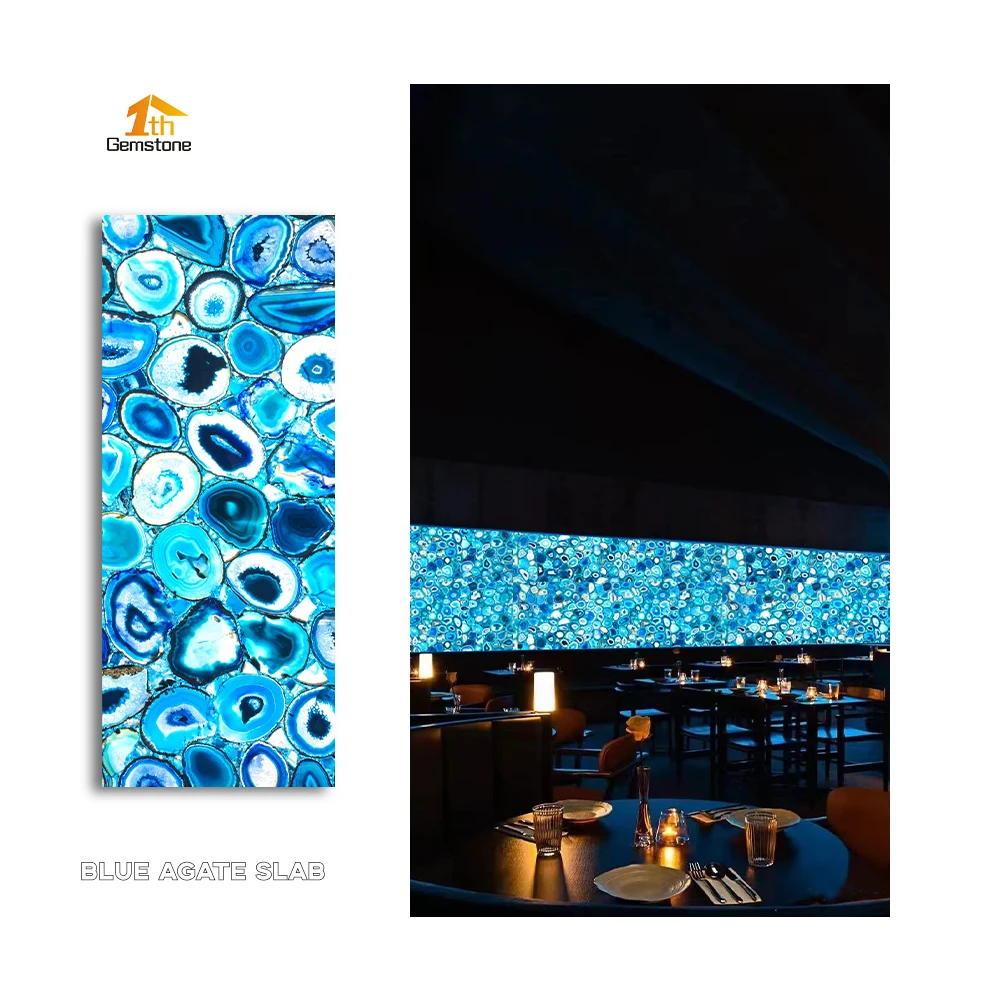 Backlight Semi Precious Stone Wall Panel Blue Geode Onyx Agate Gemstone Slabs