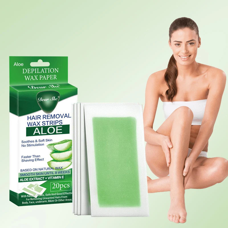 Private Brand Dear She Natural Aloe Vera New Packaging Depilatory Wax Strips Hair Removal Nonwoven Epilator Paper Cold Wax Strip