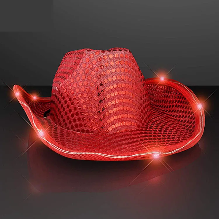 Flashing Adults Kids Men Cowboy Hat Led Light Up Fitted Black