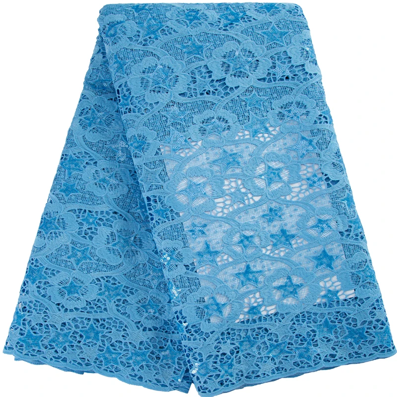 3147 Hot Sale Blue Guipure Cord Lace 2022 High Quality Nigerian African Sequins Lace Fabric Water Soluble For Party Material
