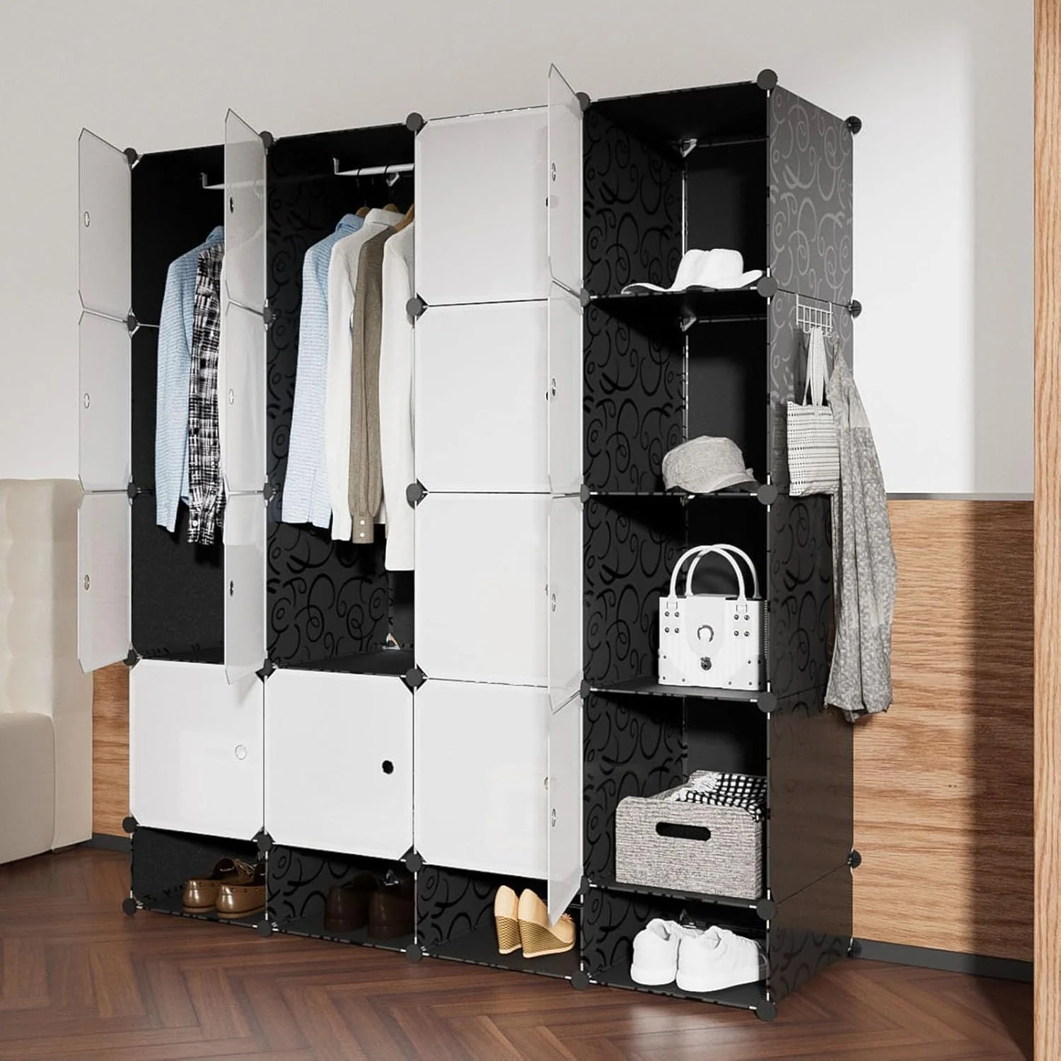 Cubes Shelf Cabinet with Bottom Shoes Shelf Clothes Storage Shelves with 2 Hanging Rods