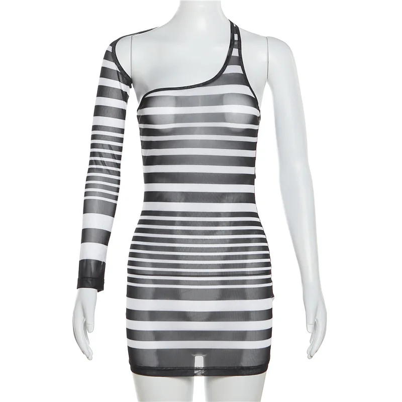 Female Trending Fashion One Shoulder Long Sleeve Dress Mesh See Through Striped Dresses