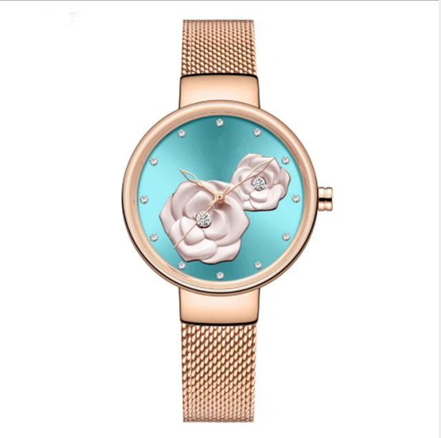 
Cheap price 2020 Good Quality Chic Women Embossed Flower Dial Stylish Blue Waterproof Mesh Strap Ladies Watch 