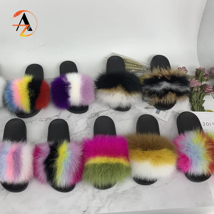 
Wholesale new arrival custom kids fox raccoon slipper fuzzy fur slides for women 