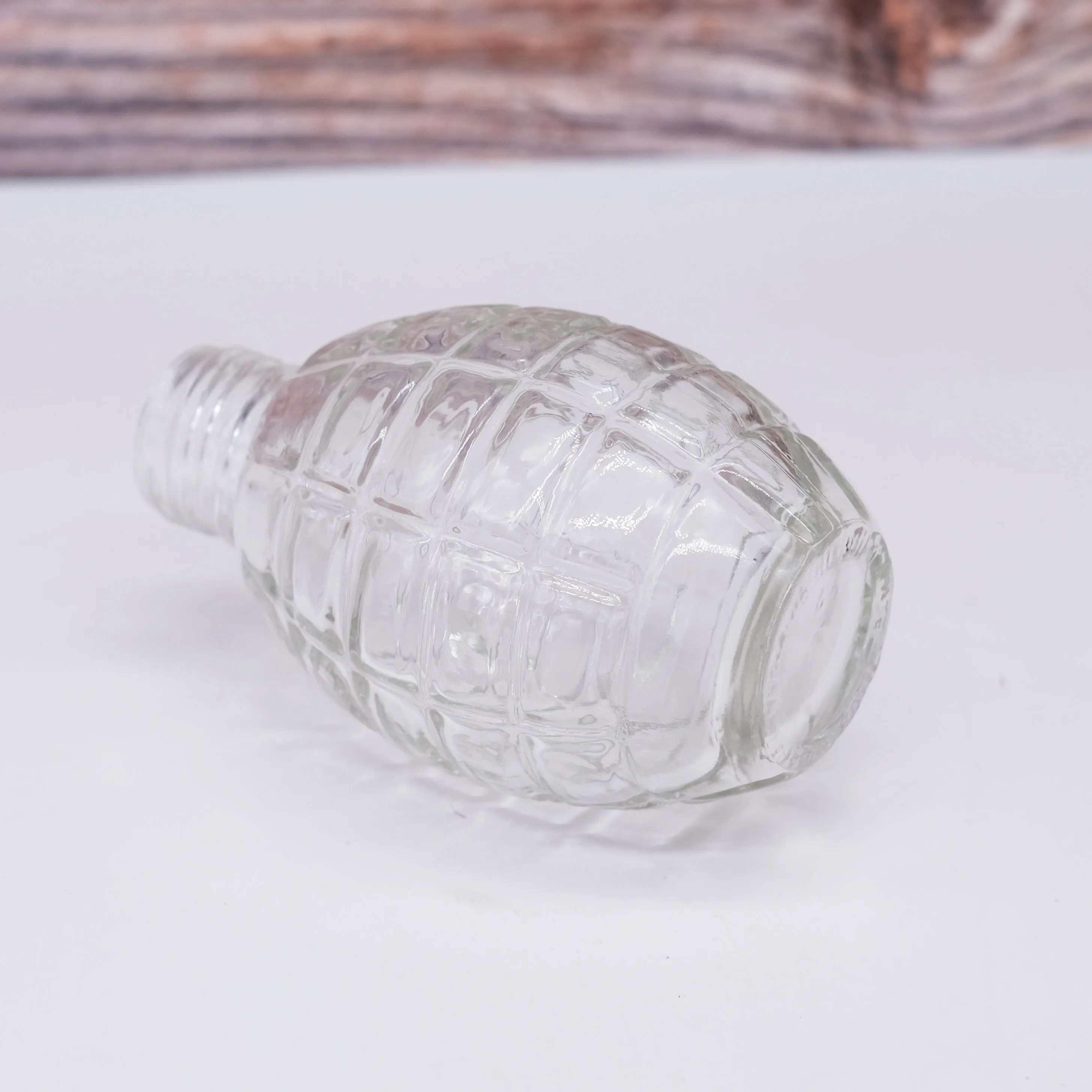 Unique design clear empty grenade shaped glass bottles of whisky and wine